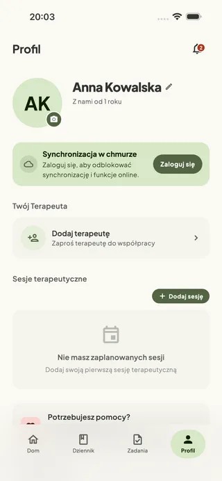 Ekran profilu z ustawieniami bezpieczeństwa i synchronizacją